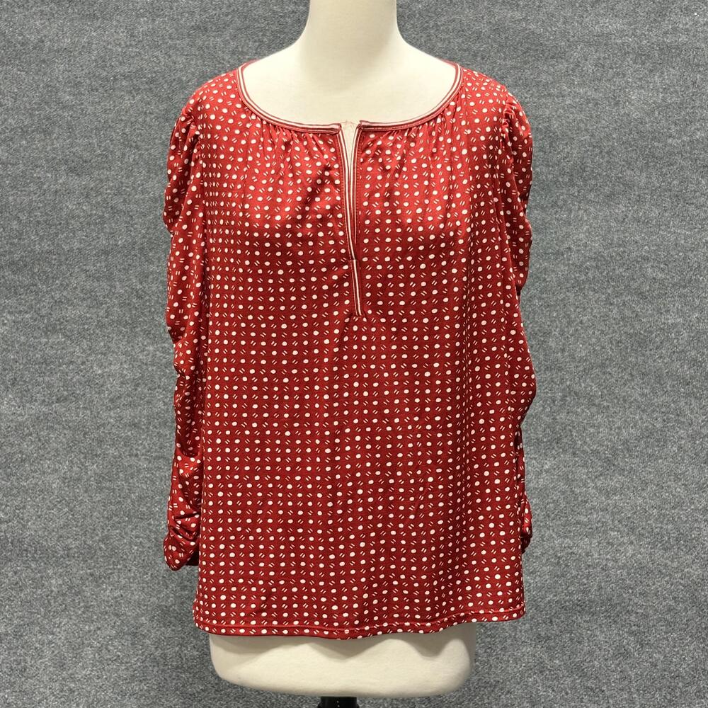 Max Studio Blouse Womens XL Red White Polka Dot Ruched Sleeve Knit Top